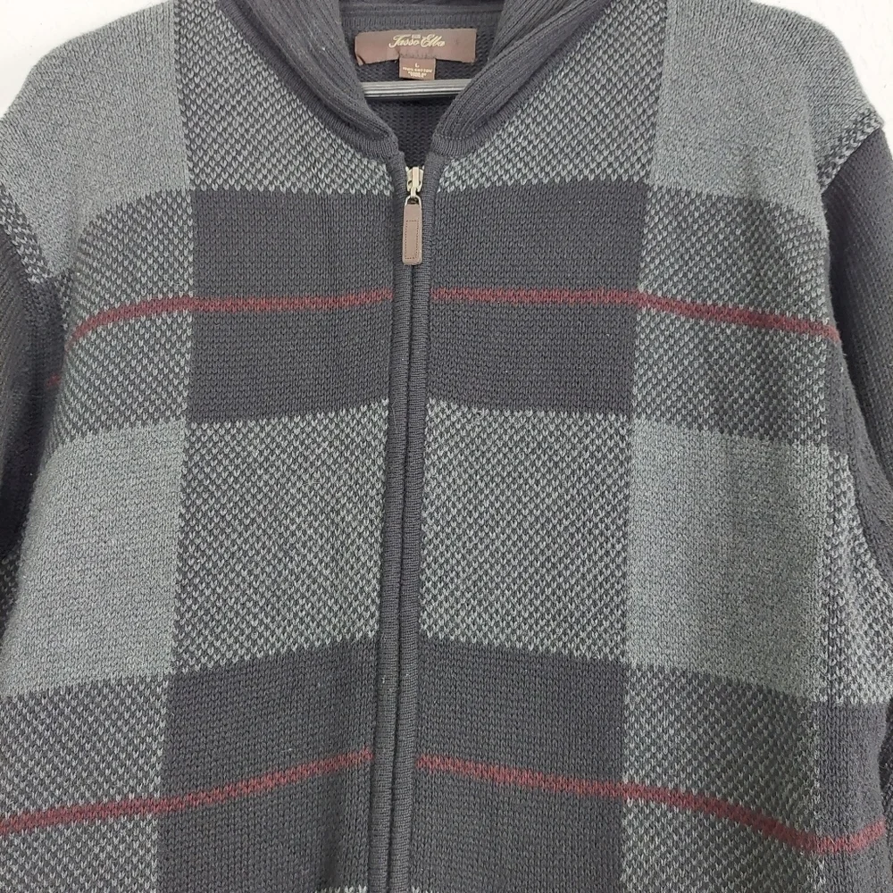 Tasso Elba Men's Size Large Zip-Front Cardigan Sweater Black Gray Plaid Pockets‎ - Picture 5 of 10
